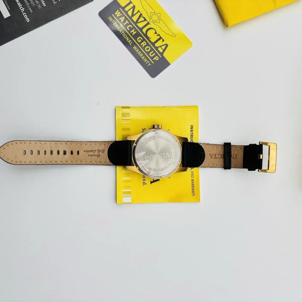 Invicta Chronograph #10491 Watch with Black Leather Band In Box. With Paperwork